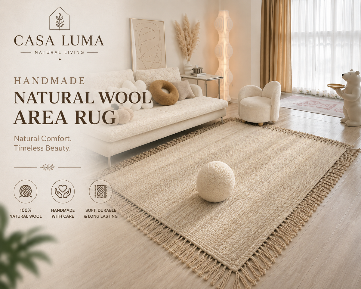 CasaLuma Handmade Natural Wool Area Rug | Modern Boho Living Room & Bedroom Carpet