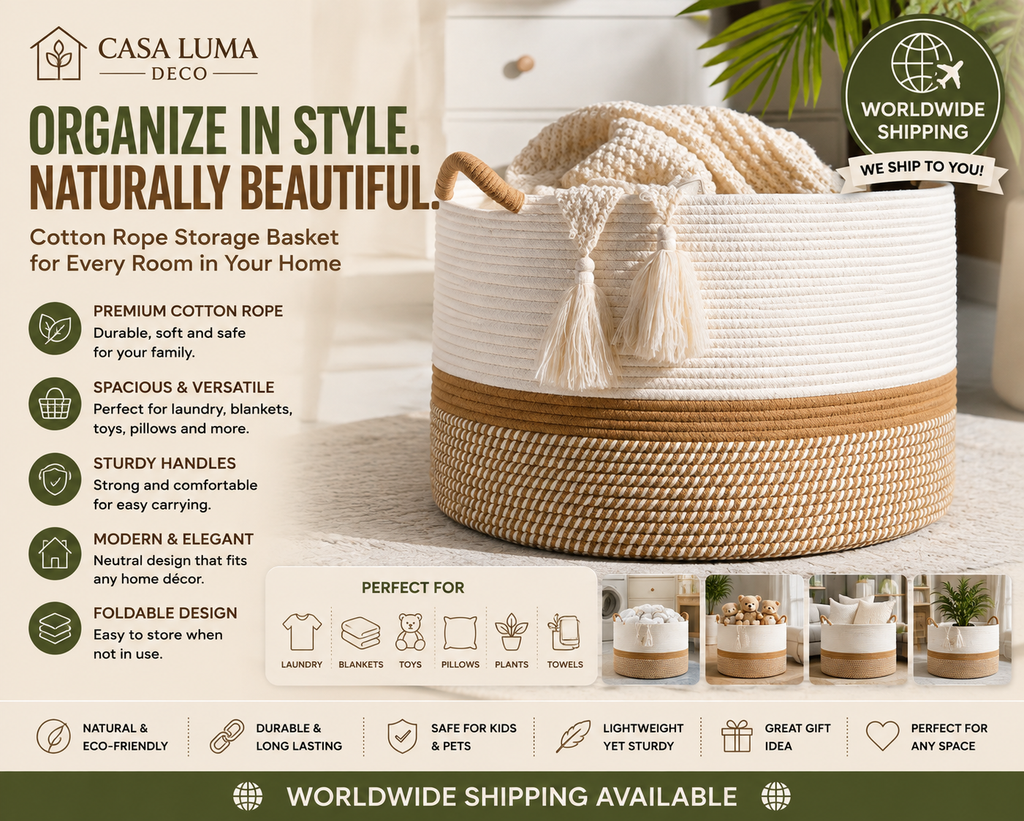 Large Cotton Rope Storage Basket | Woven Laundry Basket | Decorative Blanket Basket | Nursery Toy Organizer | Home Storage Bin  ⸻