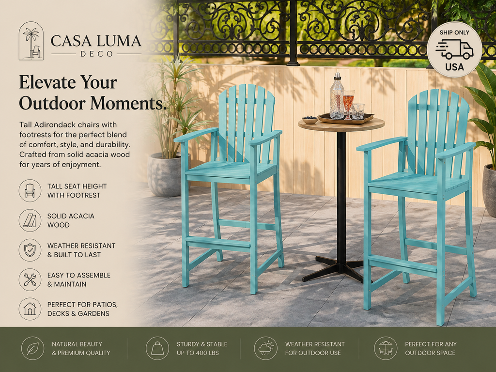 Tall Adirondack Chair with Footrest | Solid Acacia Wood Outdoor Chair | Casa Luma Deco