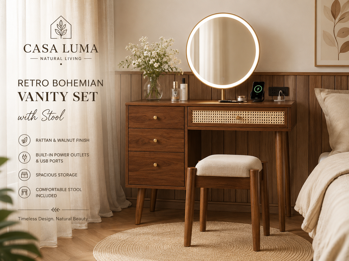Casa Luma Retro Walnut Makeup Vanity Desk with Rattan Drawers & Stool