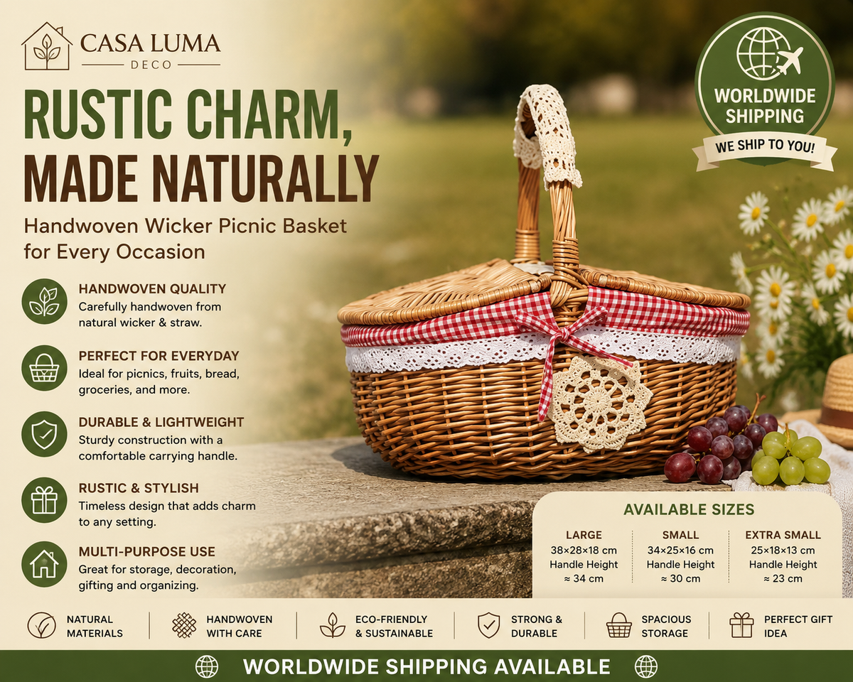 Handwoven Wicker Picnic Basket with Lid | Rustic Storage & Fruit Basket | Natural Straw Organizer