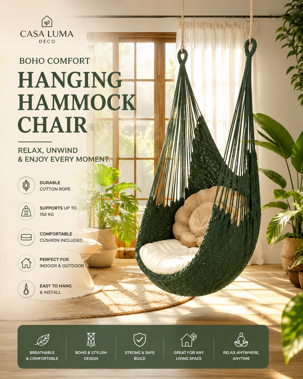 Colorful Hanging Hammock Chair with Cushions | Indoor & Outdoor Boho Swing Seat