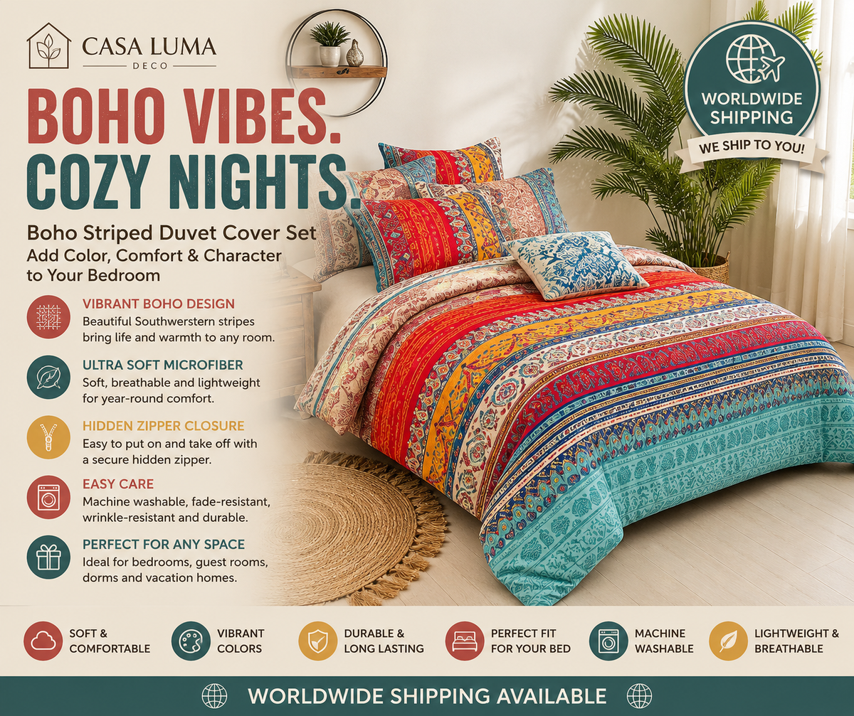 Boho Striped Duvet Cover Set | Colorful Southwestern Bedding Set | Soft Microfiber Quilt Cover | Bohemian Bedroom Decor | Worldwide Shipping