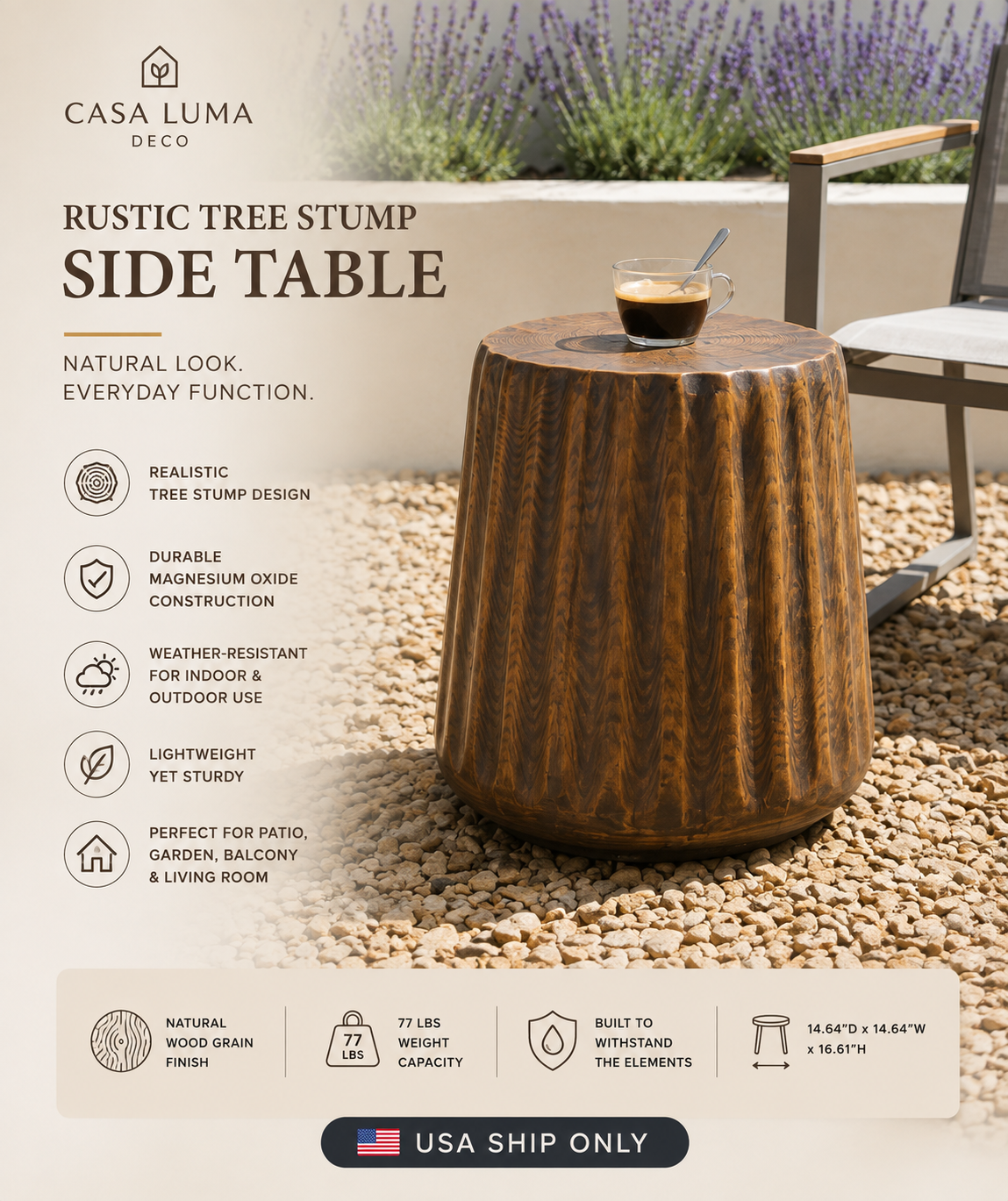 MGO Outdoor Indoor Side Table - Durable Tree Stump Style End Table For Patio, Garden, Living Room, 16.61  Height, Brown Wood Grain Finish