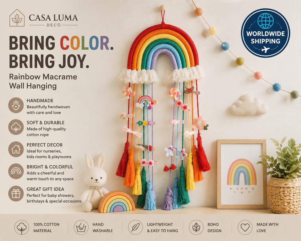 Handmade Rainbow Macrame Wall Hanging, Boho Nursery Decor, Cotton Tassel Tapestry for Kids Bedroom & Playroom