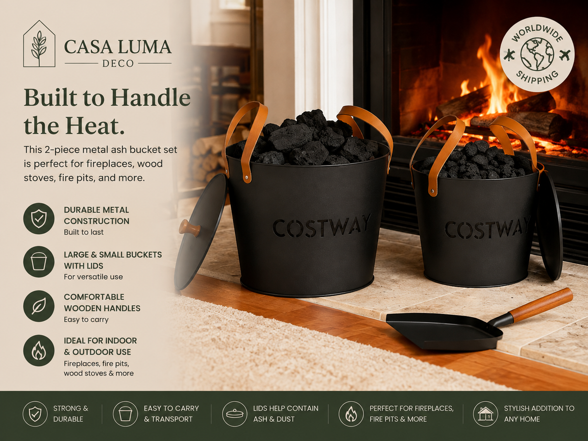 2-Piece Metal Ash Bucket Set with Lid & Wooden Handle | Fireplace & Fire Pit Ash Can | Casa Luma Deco