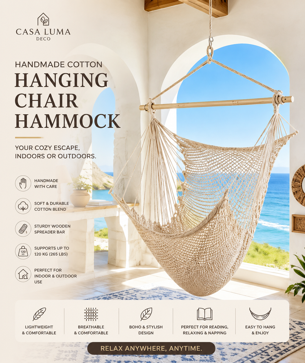 Handmade Cotton Hanging Chair Hammock | Boho Indoor & Outdoor Swing Chair