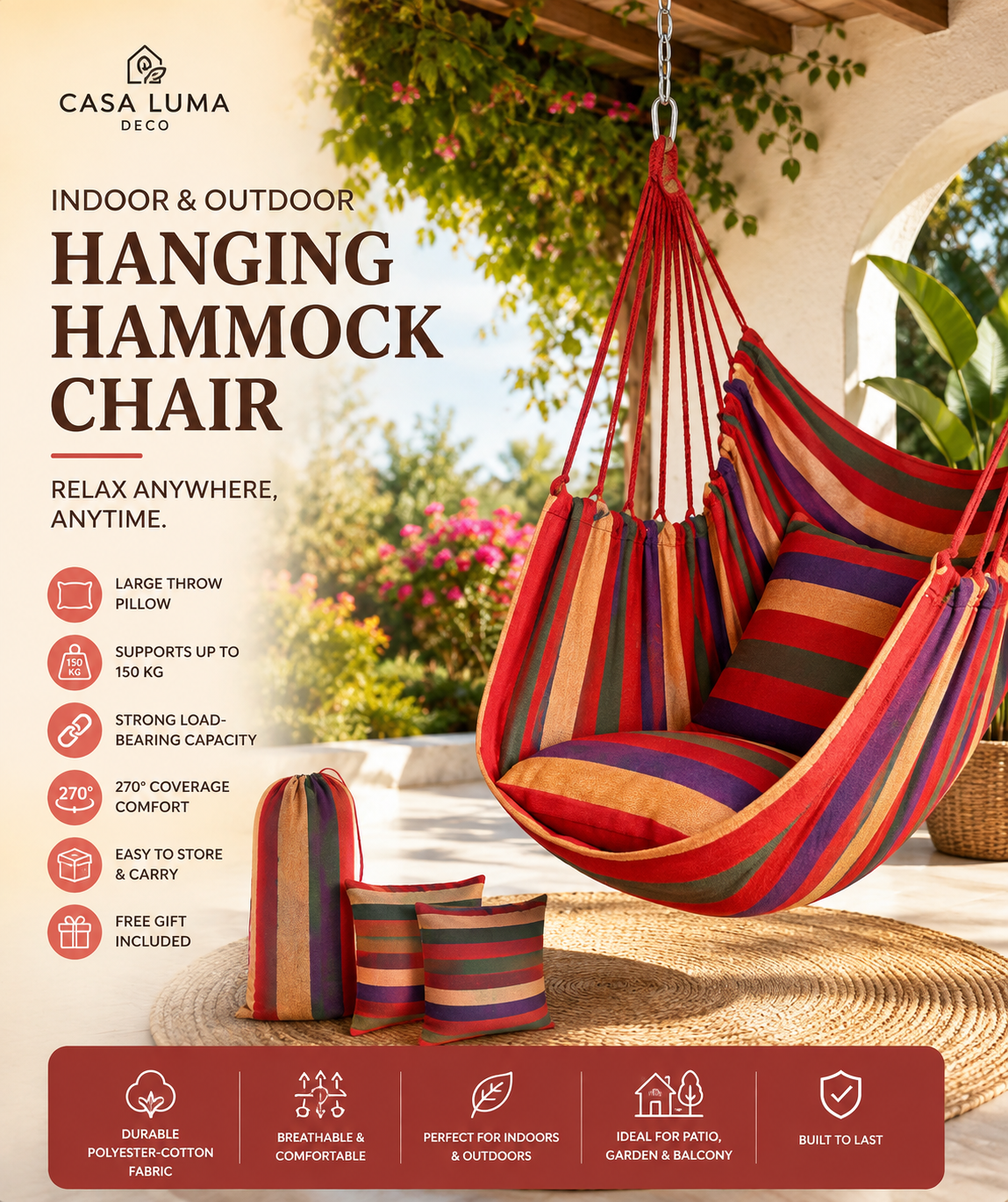 Bohemian Hanging Hammock Chair with Pillows | Indoor & Outdoor Cotton Swing Seat