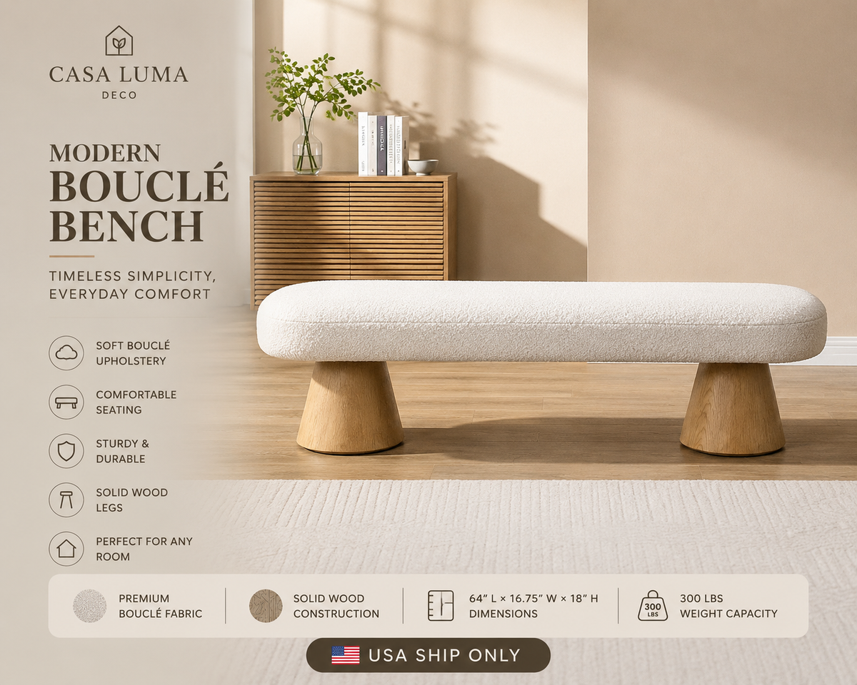 Modern Bouclé Upholstered Bench | Dining Room, Entryway & Bedroom End of Bed Bench