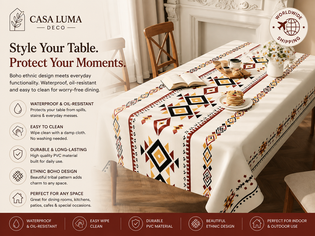 oho Waterproof Tablecloth | Ethnic PVC Table Cover for Dining Table, Farmhouse Kitchen & Outdoor Use