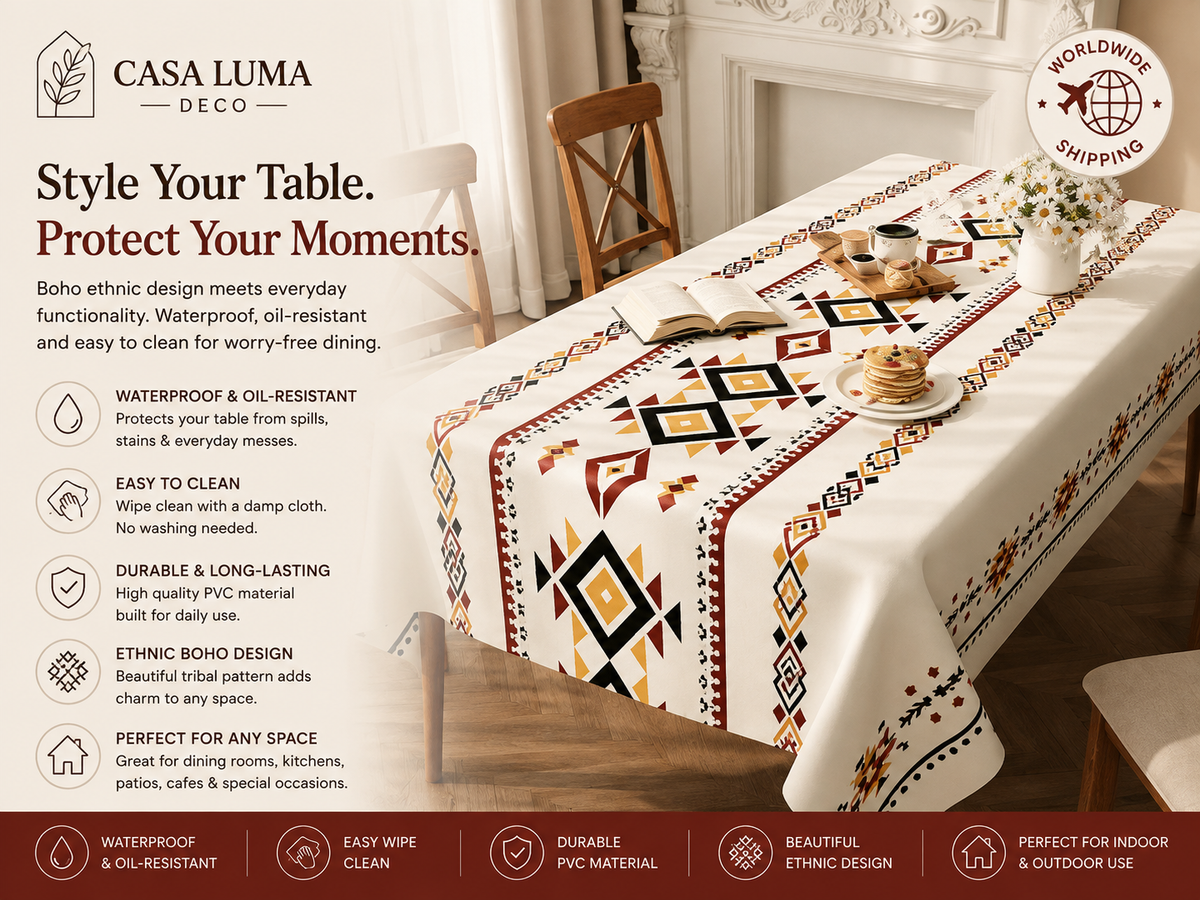oho Waterproof Tablecloth | Ethnic PVC Table Cover for Dining Table, Farmhouse Kitchen & Outdoor Use