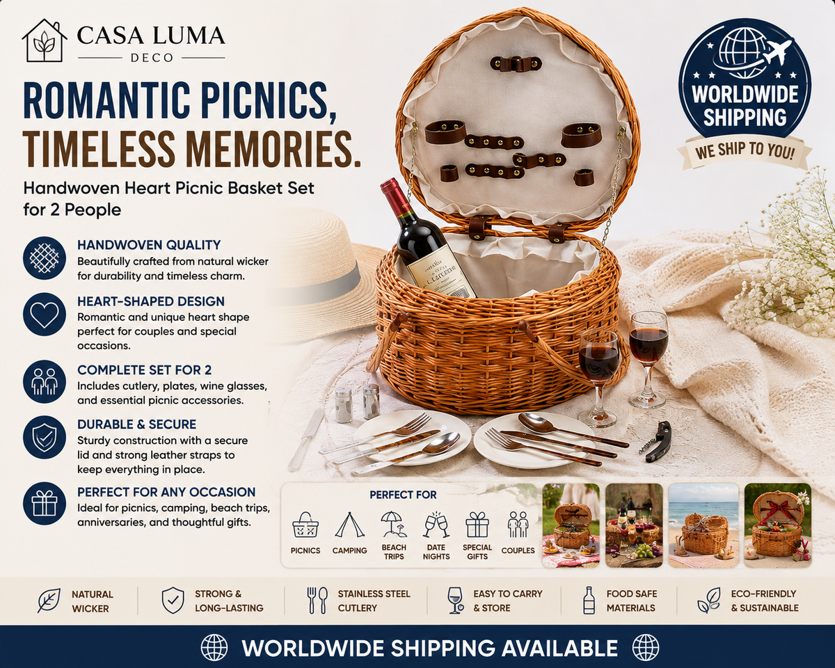 Handwoven Heart Picnic Basket Set for 2 | Wicker Picnic Hamper with Cutlery | Worldwide Shipping