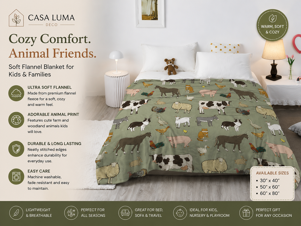 Woodland Animal Throw Blanket, Soft Flannel Fleece Blanket for Kids, Nursery & Cozy Home Decor