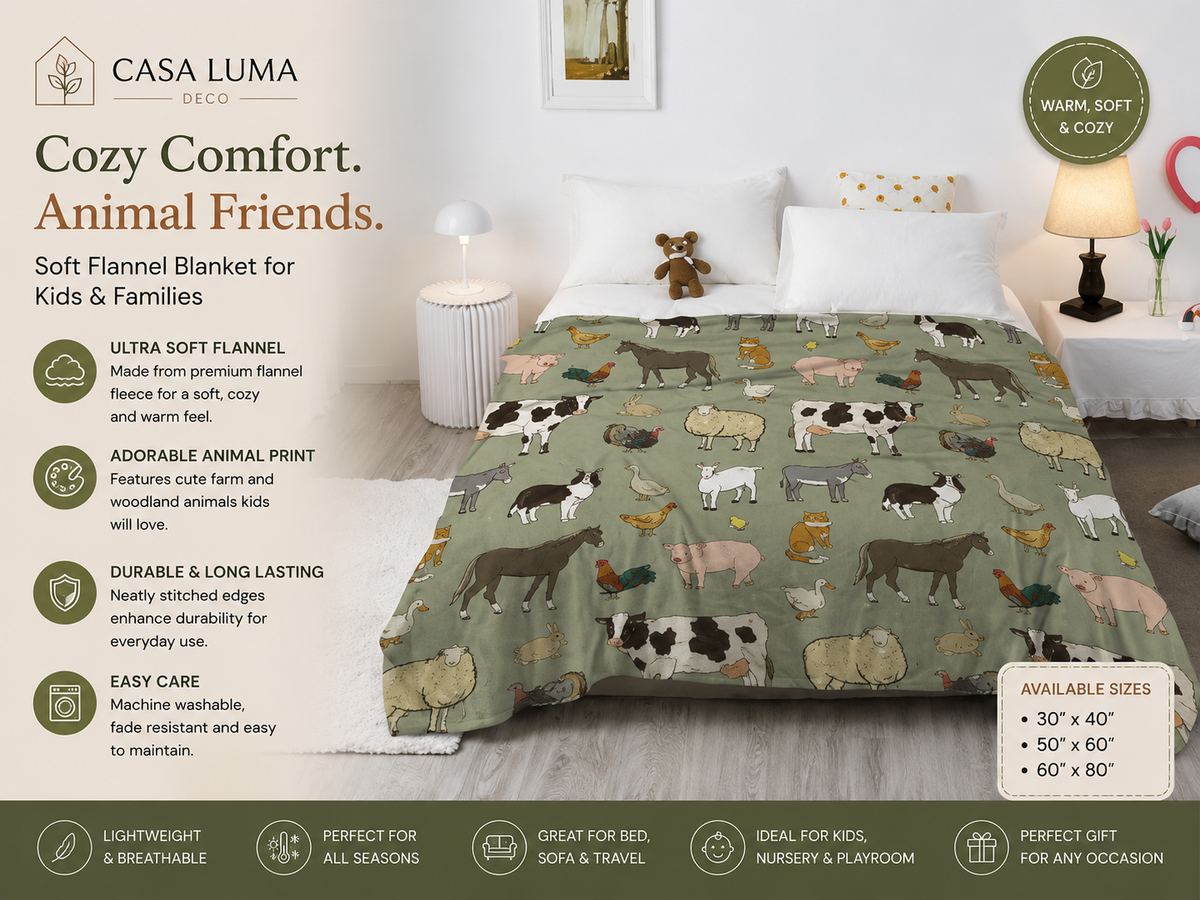 Woodland Animal Throw Blanket, Soft Flannel Fleece Blanket for Kids, Nursery & Cozy Home Decor