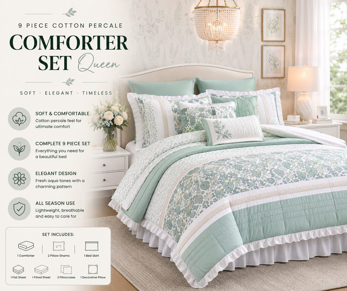 9 Piece Cotton Percale Comforter Set Queen | Soft Aqua Bedding Set | All Season Bed Cover Set | USA Shipping Only