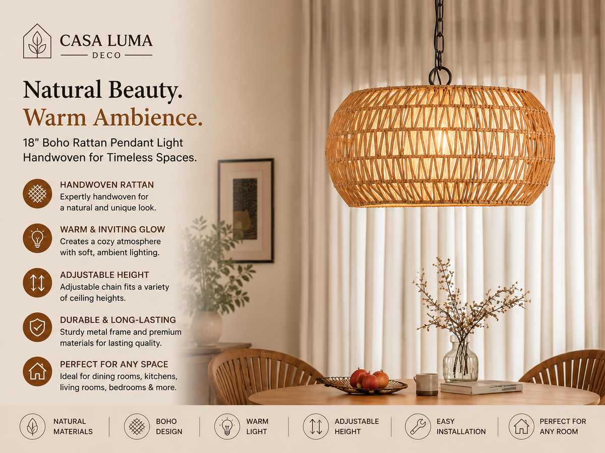 18” Boho Rattan Pendant Light, Handwoven Wicker Hanging Ceiling Light for Dining Room, Kitchen & Living Room