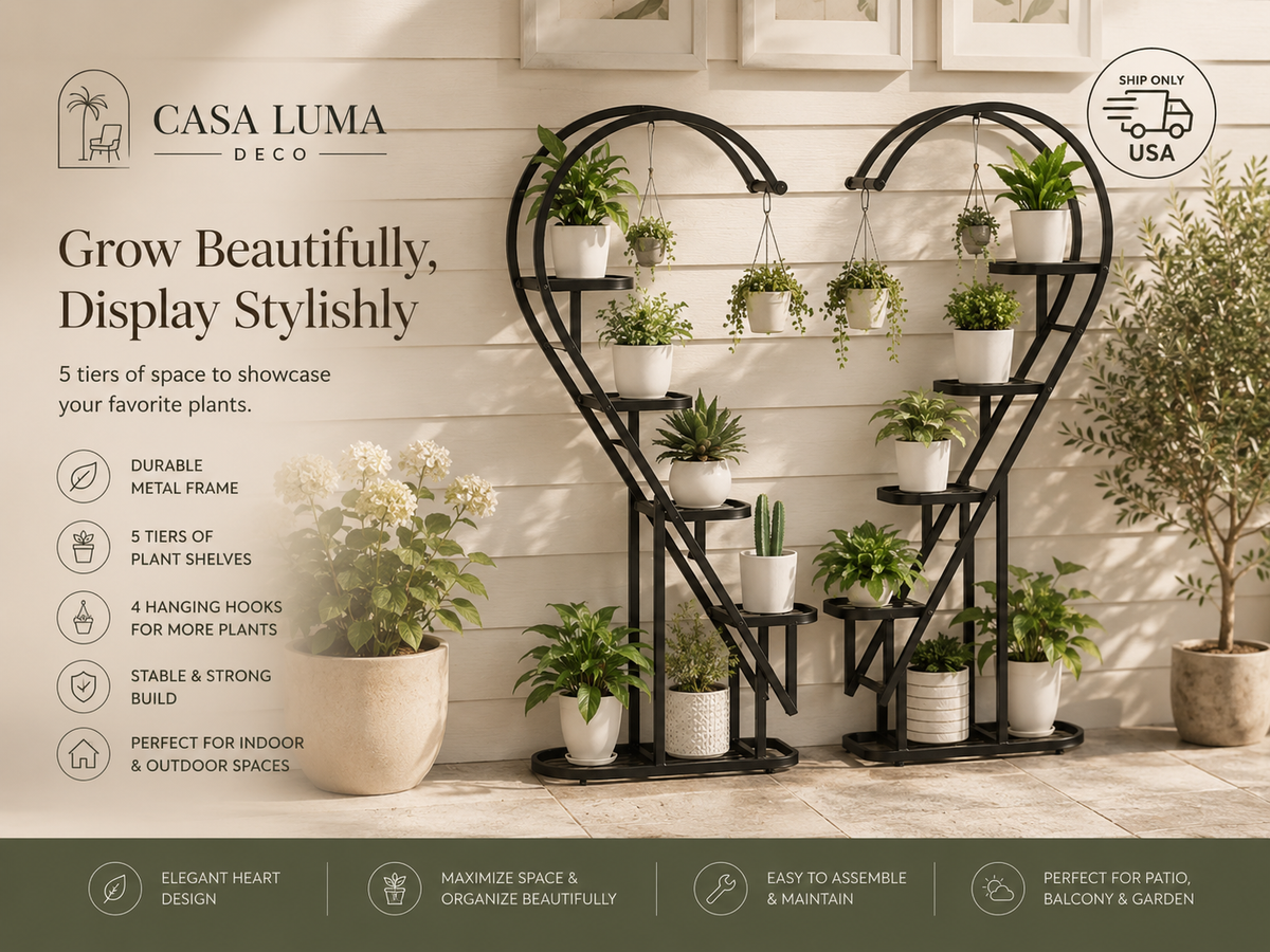 5 Tier Metal Plant Stand with Hanging Hooks | Indoor & Outdoor Multi Plant Shelf