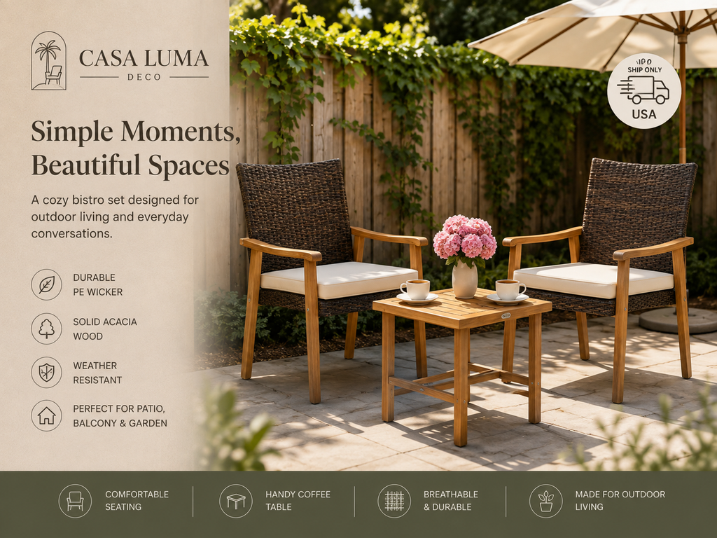 3 Piece Outdoor PE Wicker Bistro Set with Acacia Wood Table for Patio, Balcony & Garden
